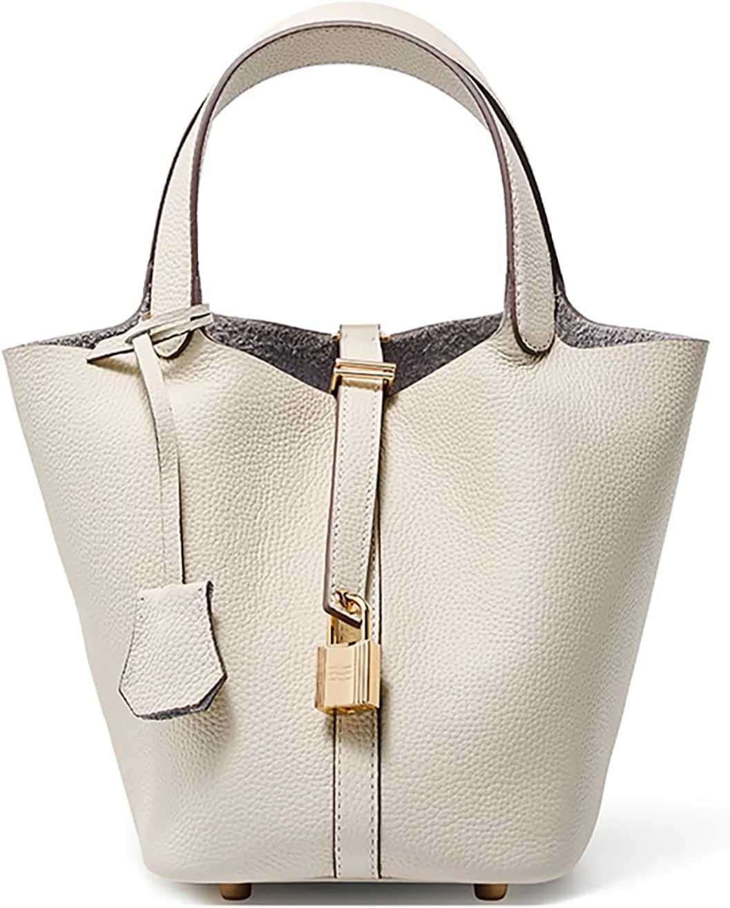 Genuine Leather Lock Design Bucket Bag Vegetable Basket for Women, Ladies' Versatile Shoulder Handbag