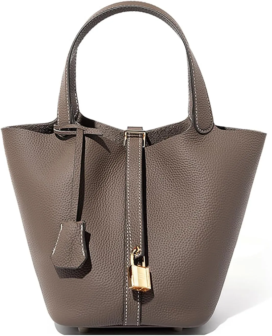 Genuine Leather Lock Design Bucket Bag Vegetable Basket for Women, Ladies' Versatile Shoulder Handbag