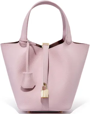 Genuine Leather Lock Design Bucket Bag Vegetable Basket for Women, Ladies' Versatile Shoulder Handbag