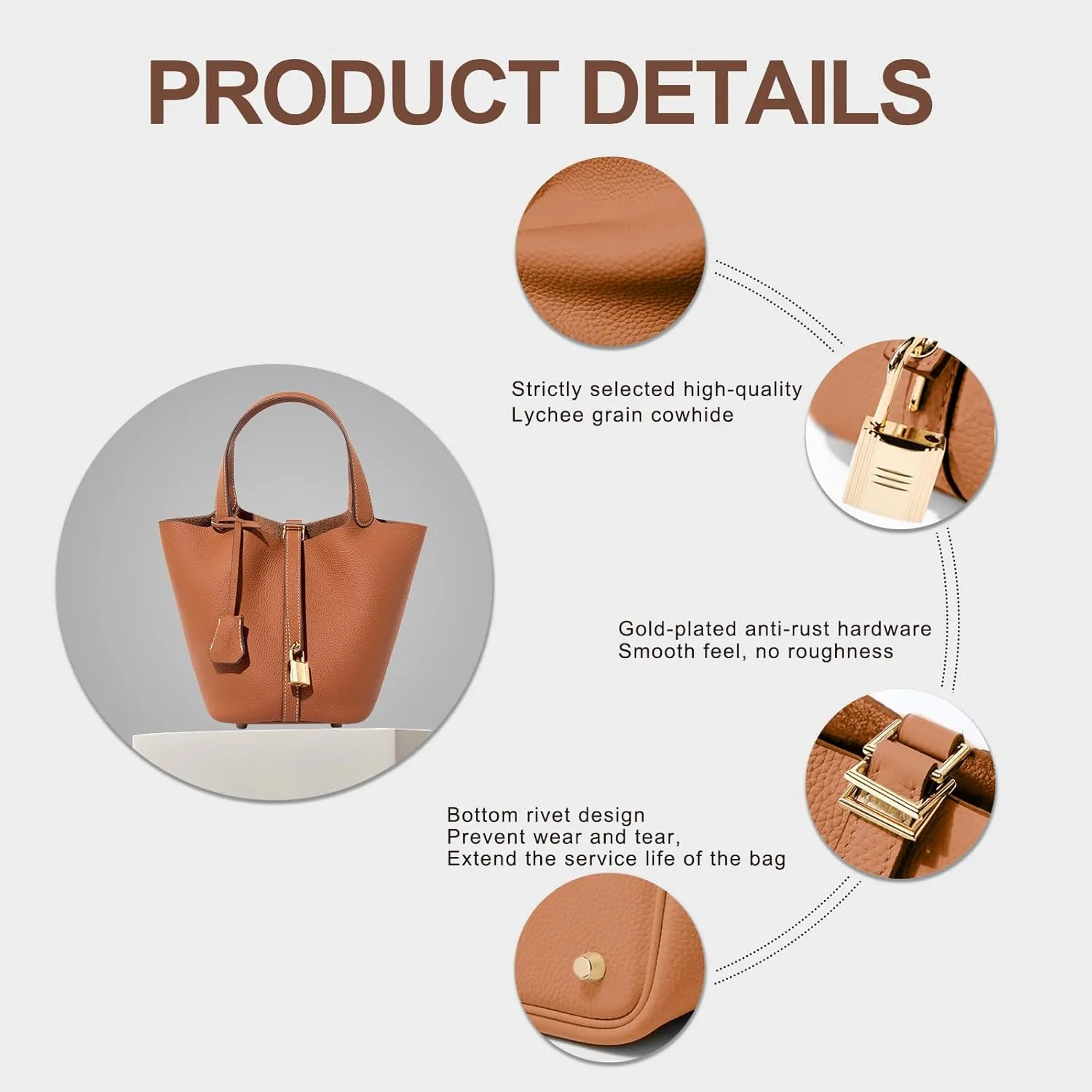 Genuine Leather Lock Design Bucket Bag Vegetable Basket for Women, Ladies' Versatile Shoulder Handbag