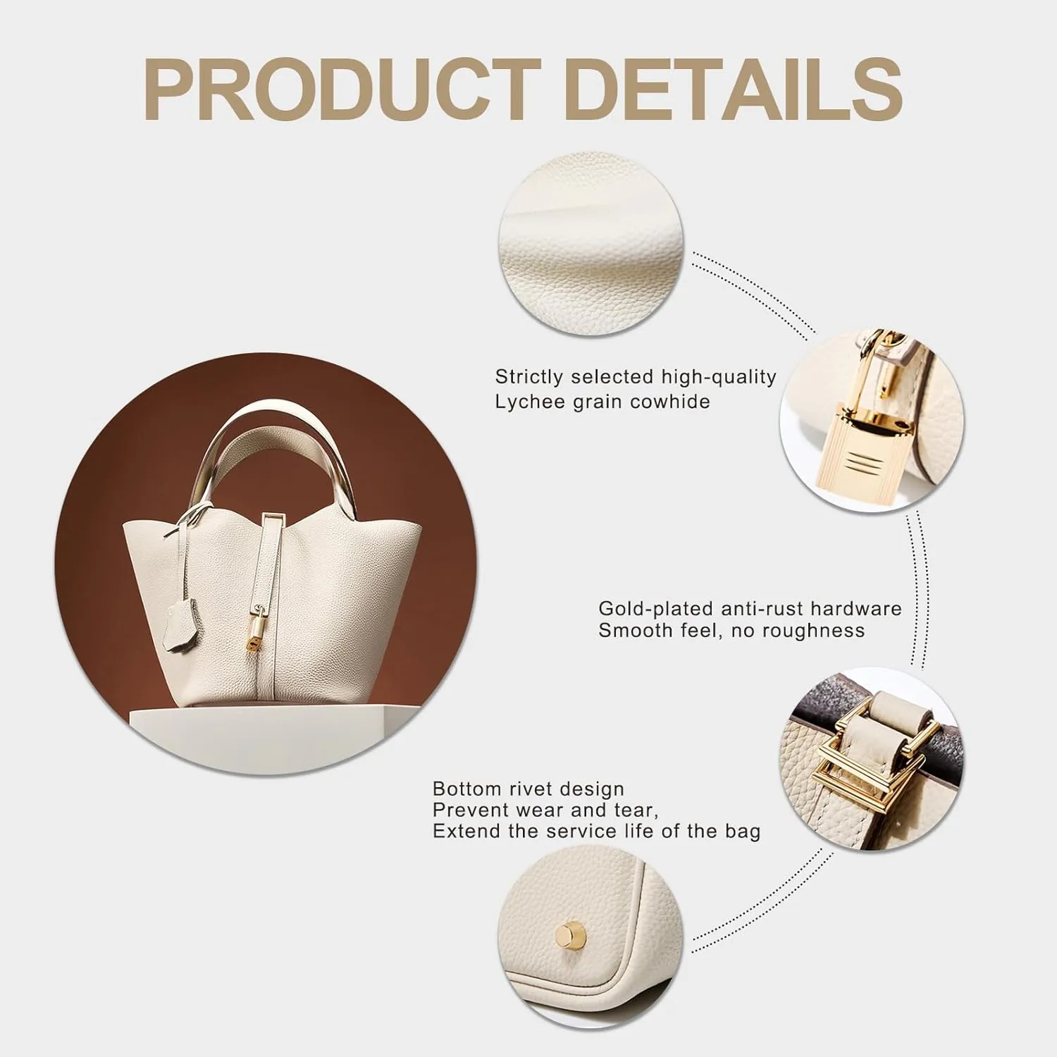 Genuine Leather Lock Design Bucket Bag Vegetable Basket for Women, Ladies' Versatile Shoulder Handbag