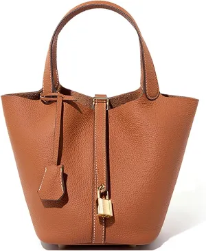 Genuine Leather Lock Design Bucket Bag Vegetable Basket for Women, Ladies' Versatile Shoulder Handbag