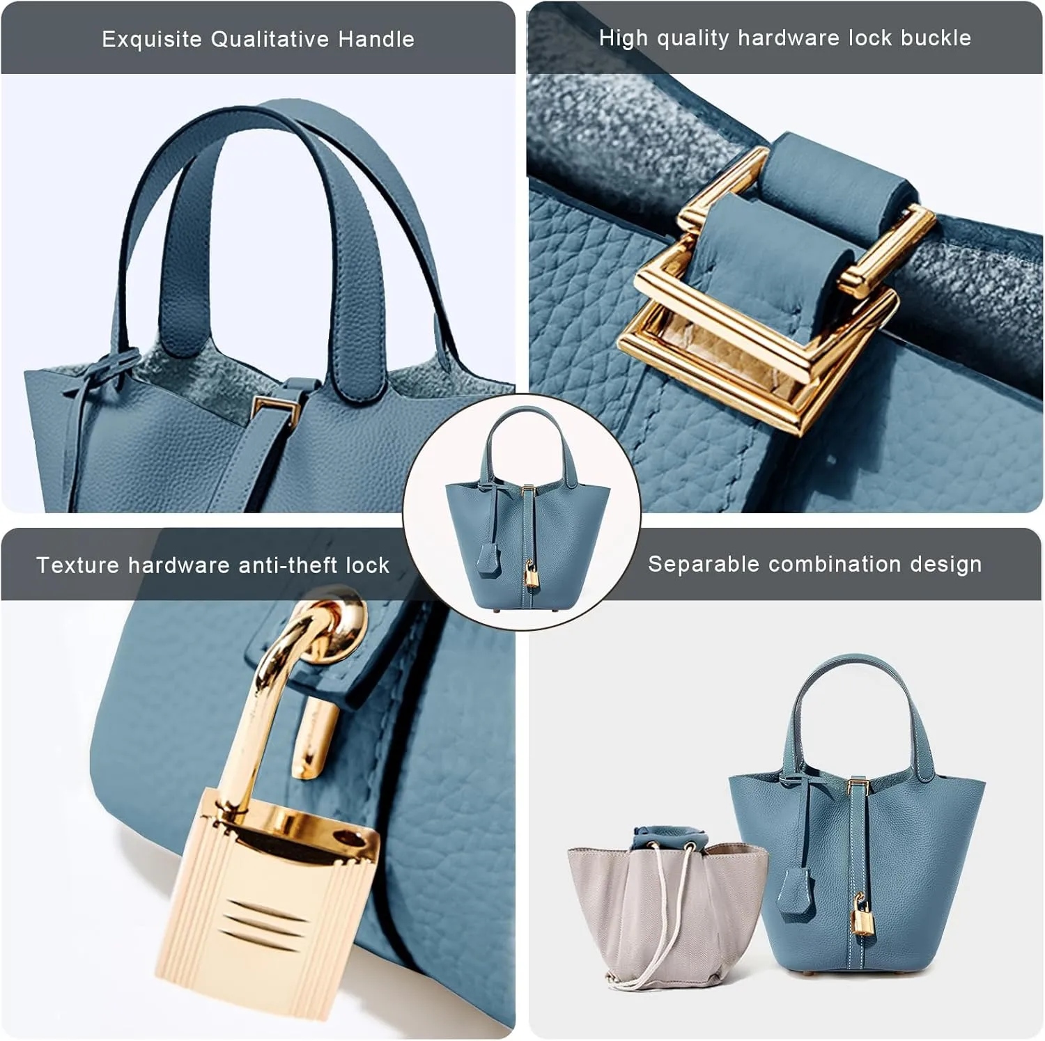 Genuine Leather Lock Design Bucket Bag Vegetable Basket for Women, Ladies' Versatile Shoulder Handbag