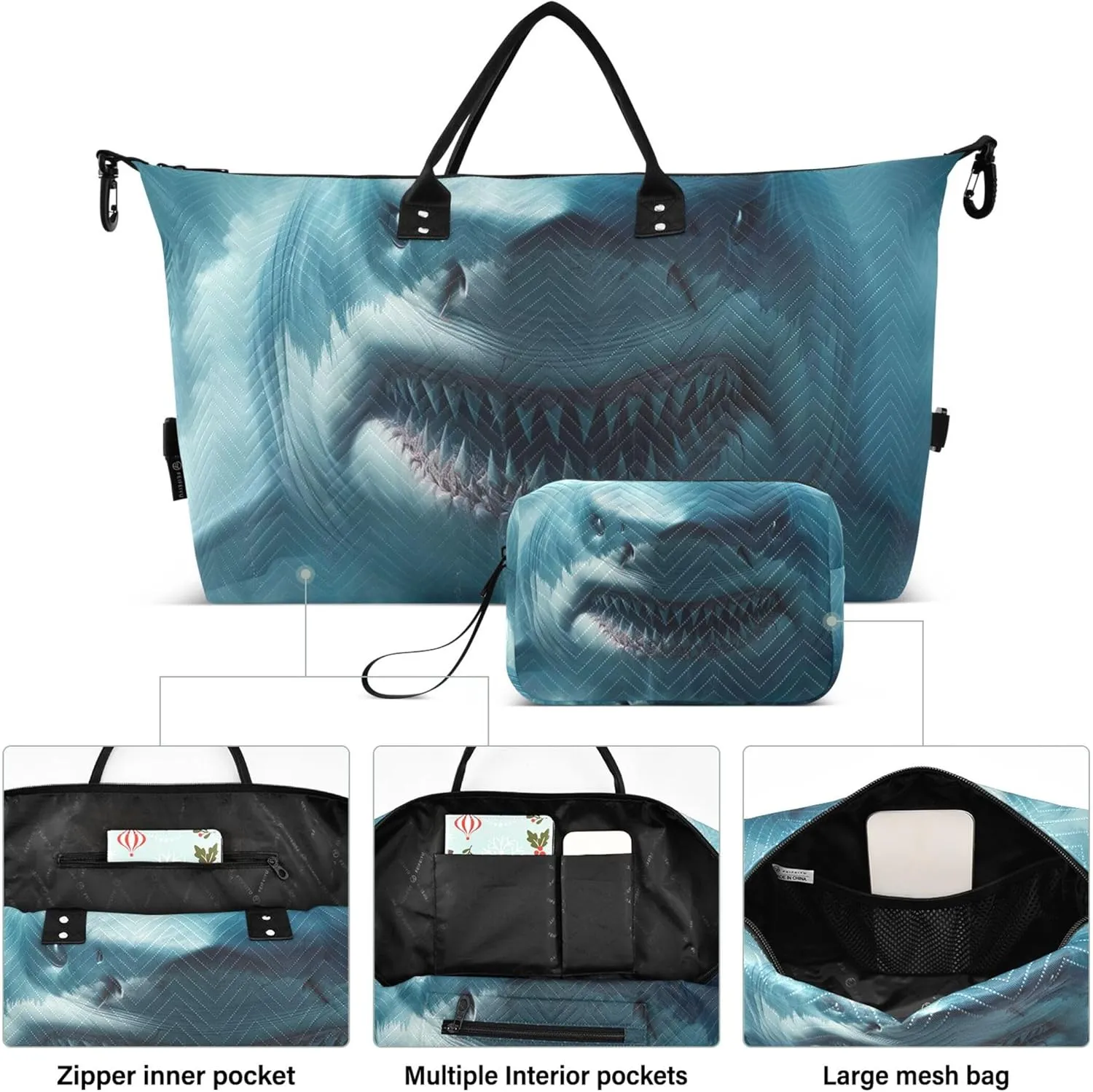 Giant Shark Monster Sea Travel Duffel Bags Make up Bags Set of 2, Cute Print Luggage Bag Overnight Bag