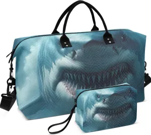 Giant Shark Monster Sea Travel Duffel Bags Make up Bags Set of 2, Cute Print Luggage Bag Overnight Bag