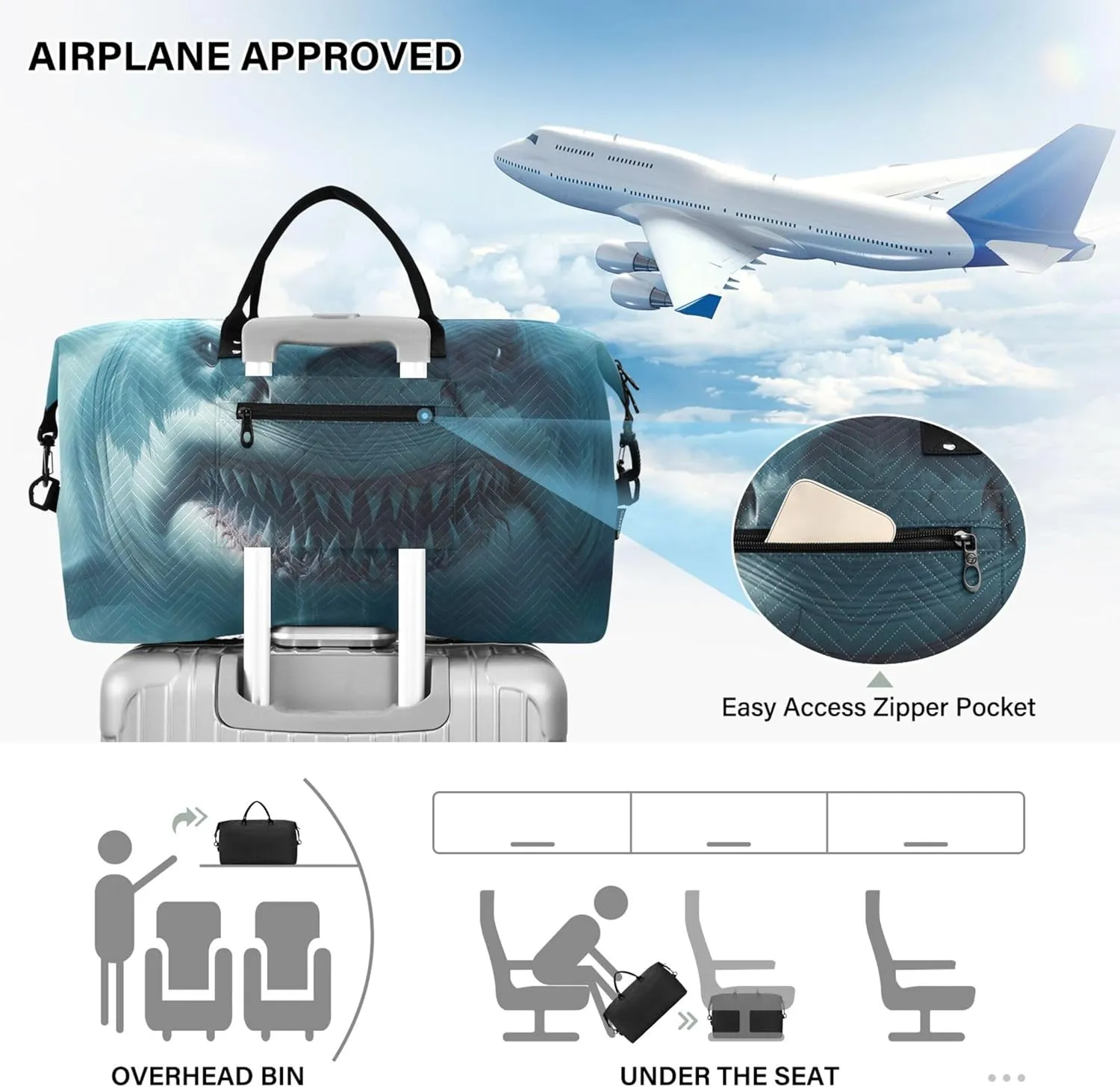 Giant Shark Monster Sea Travel Duffel Bags Make up Bags Set of 2, Cute Print Luggage Bag Overnight Bag