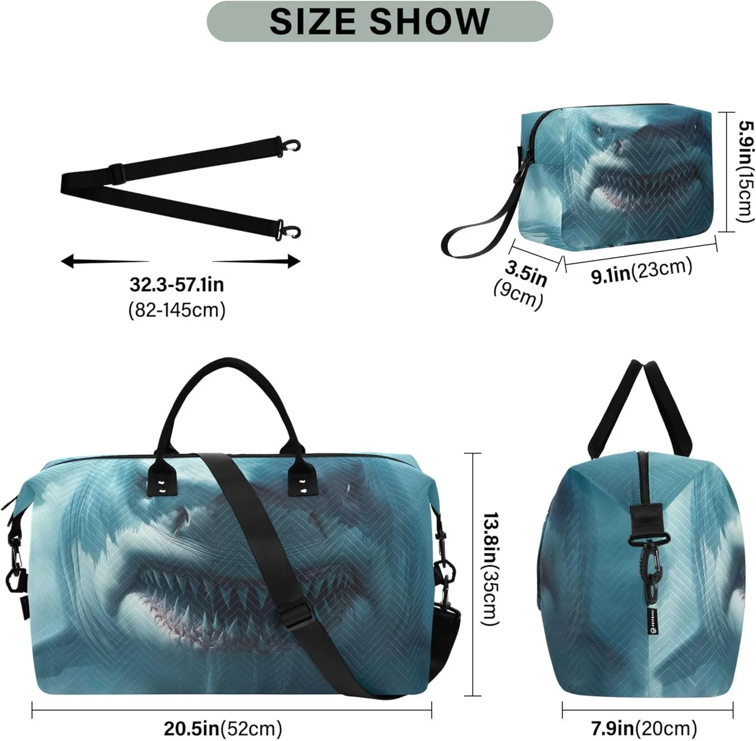 Giant Shark Monster Sea Travel Duffel Bags Make up Bags Set of 2, Cute Print Luggage Bag Overnight Bag
