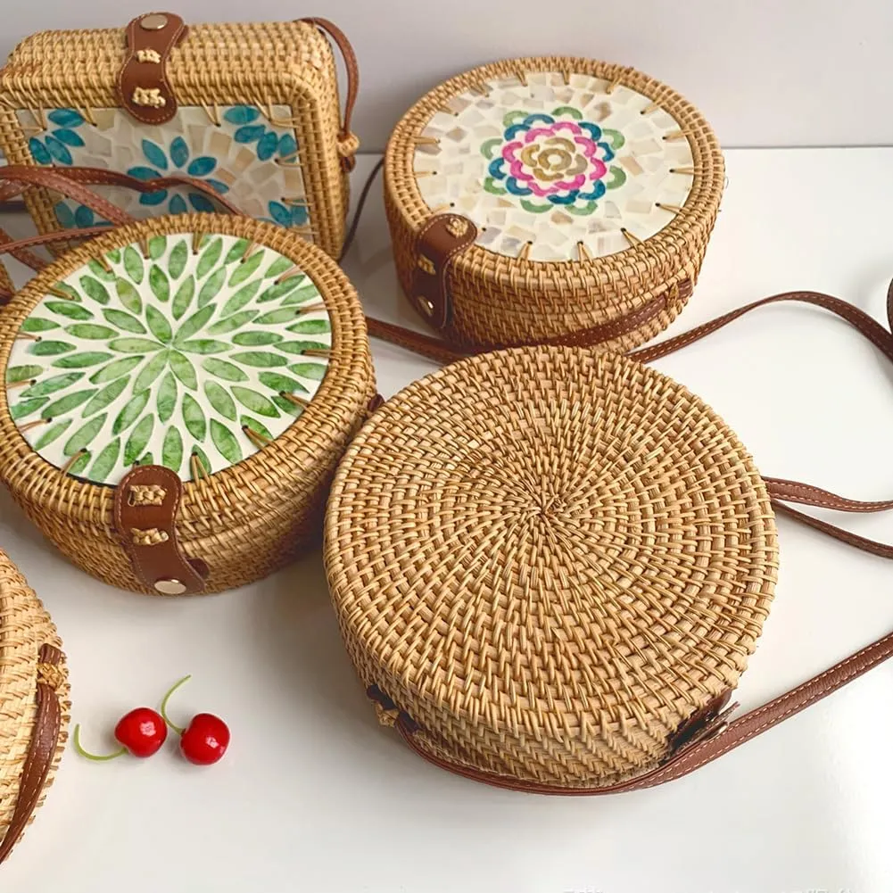 Handmade Round Circle Shaped Rattan Woven Purse for Women, Summer Beach Ata Wicker Basket Straw Brown Hobo Bag Chic Tote