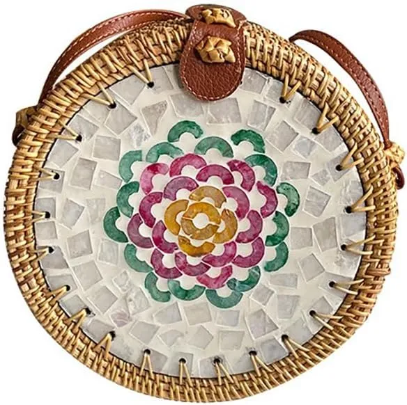 Handmade Round Circle Shaped Rattan Woven Purse for Women, Summer Beach Ata Wicker Basket Straw Brown Hobo Bag Chic Tote