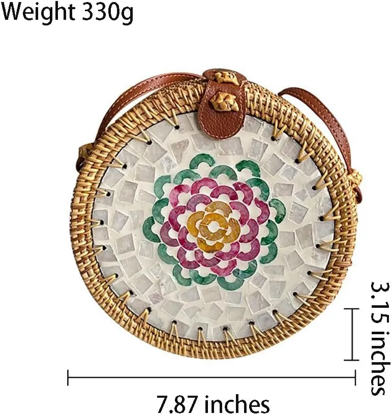 Handmade Round Circle Shaped Rattan Woven Purse for Women, Summer Beach Ata Wicker Basket Straw Brown Hobo Bag Chic Tote