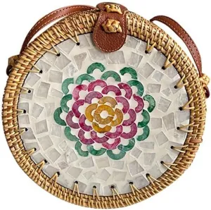 Handmade Round Circle Shaped Rattan Woven Purse for Women, Summer Beach Ata Wicker Basket Straw Brown Hobo Bag Chic Tote