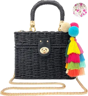 Handwoven Rattan Bag for women-Wicker Woven Square Crossbody vintage Chic Casual Beach Boho Tote Bag with tassel Ornaments