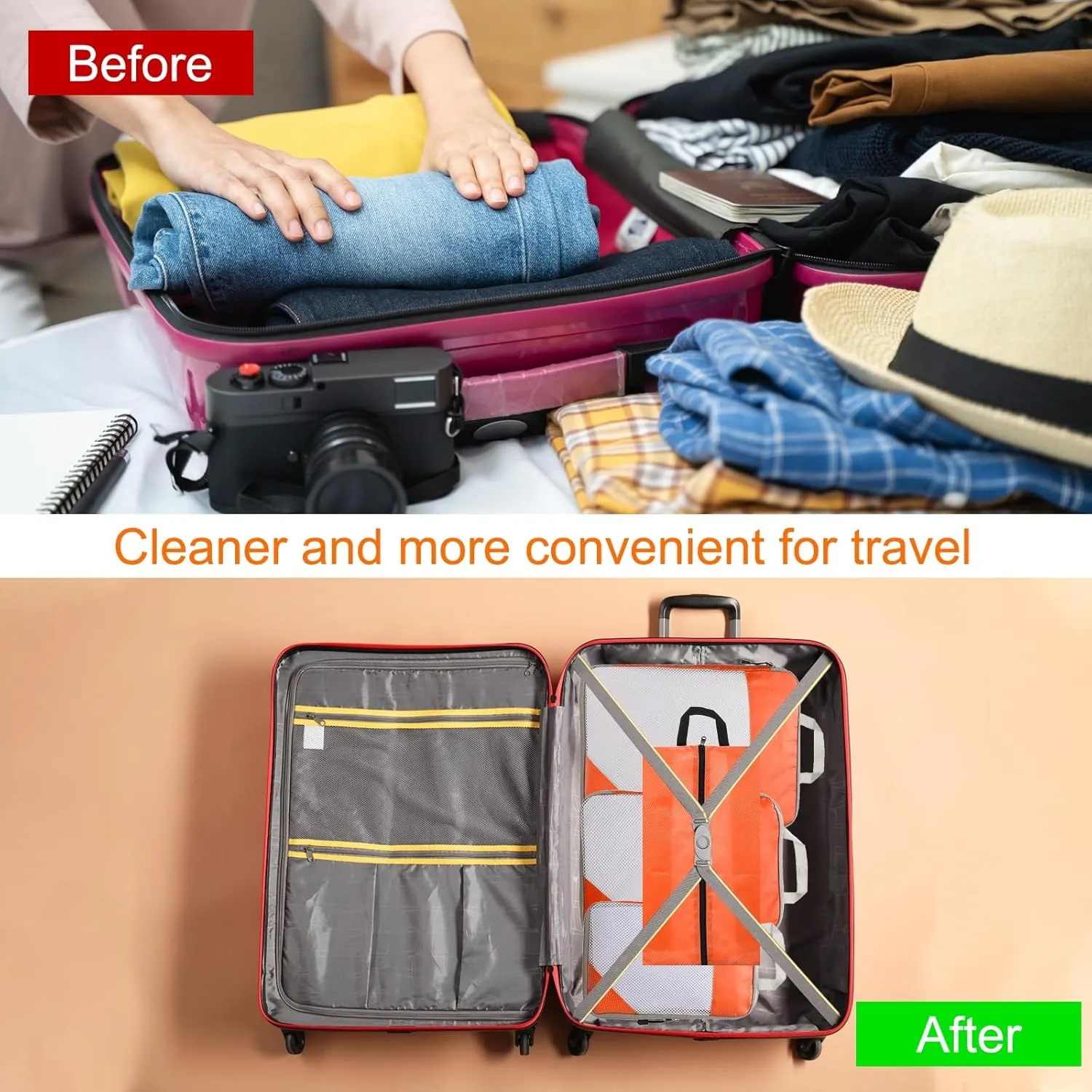 HARFINGTON 4pcs Compression Packing Cube for Suitcases Lightweight Luggage Organizers Bag Travel Essentials Compression Bags for Carry on Suitcases, Orange