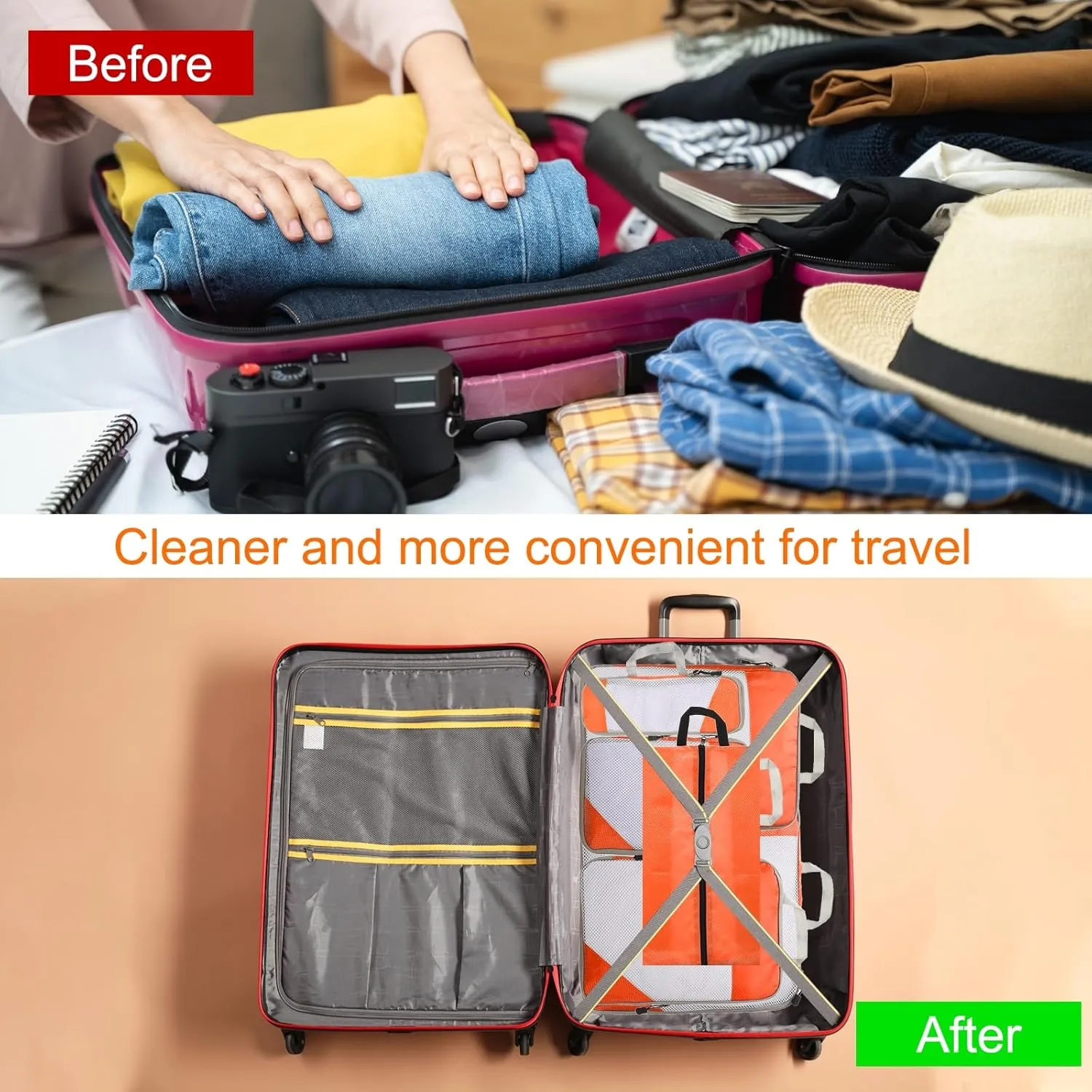 HARFINGTON 6pcs Compression Packing Cube for Suitcases Lightweight Luggage Organizers Bag Travel Essentials Compression Bags for Carry on Suitcases, Orange
