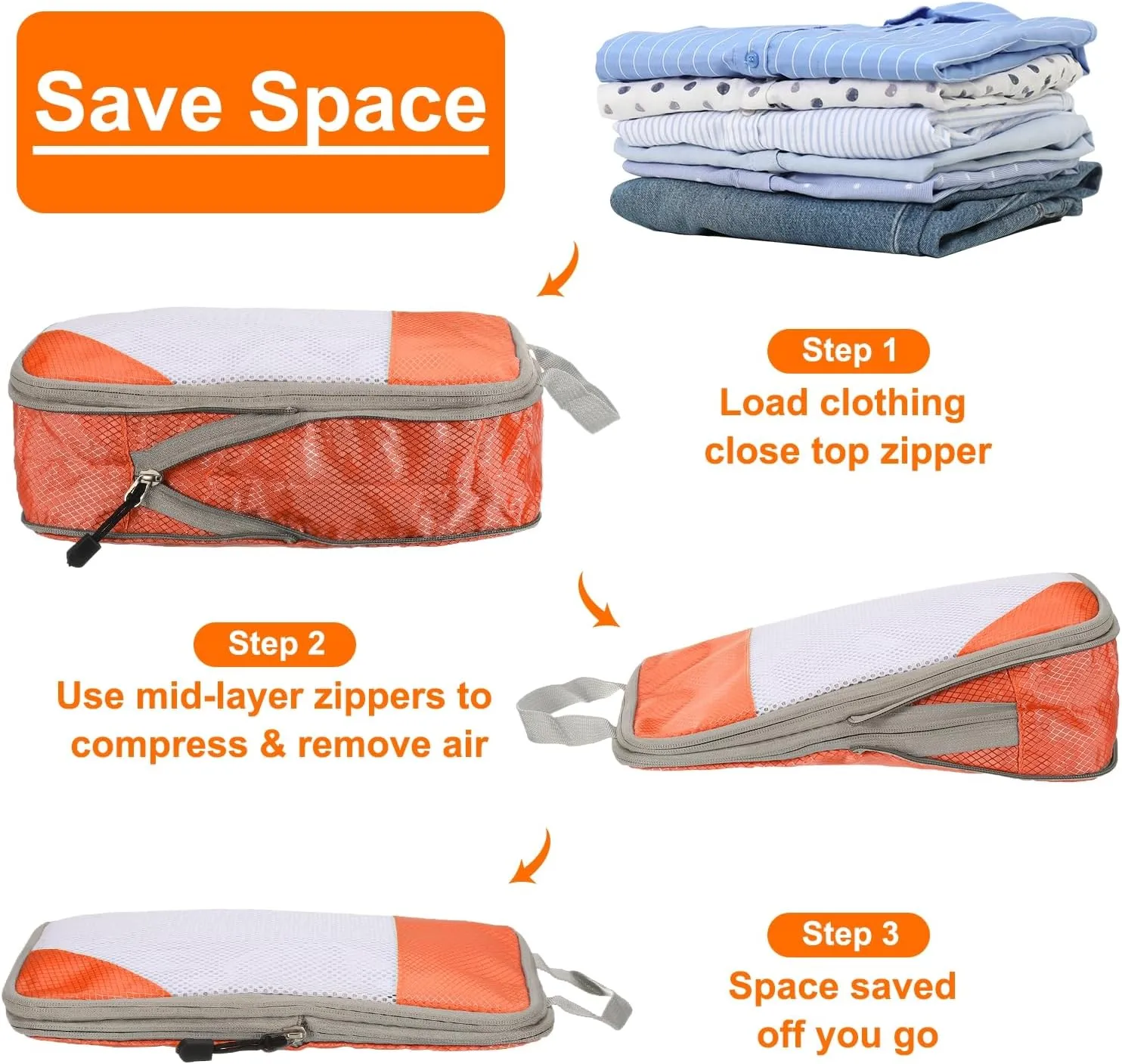 HARFINGTON 6pcs Compression Packing Cube for Suitcases Lightweight Luggage Organizers Bag Travel Essentials Compression Bags for Carry on Suitcases, Orange