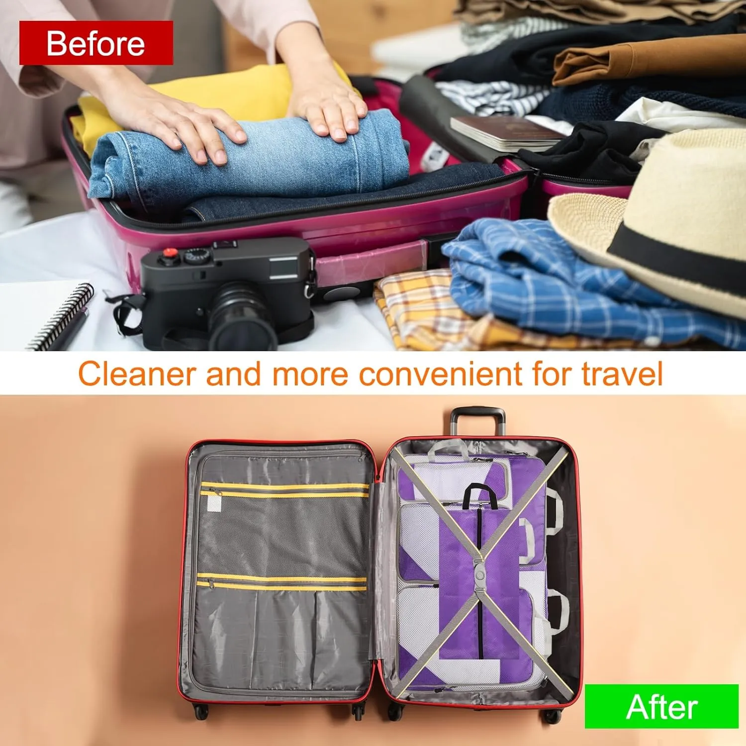 HARFINGTON 6pcs Compression Packing Cube for Suitcases Lightweight Luggage Organizers Bag Travel Essentials Compression Bags for Carry on Suitcases, Purple