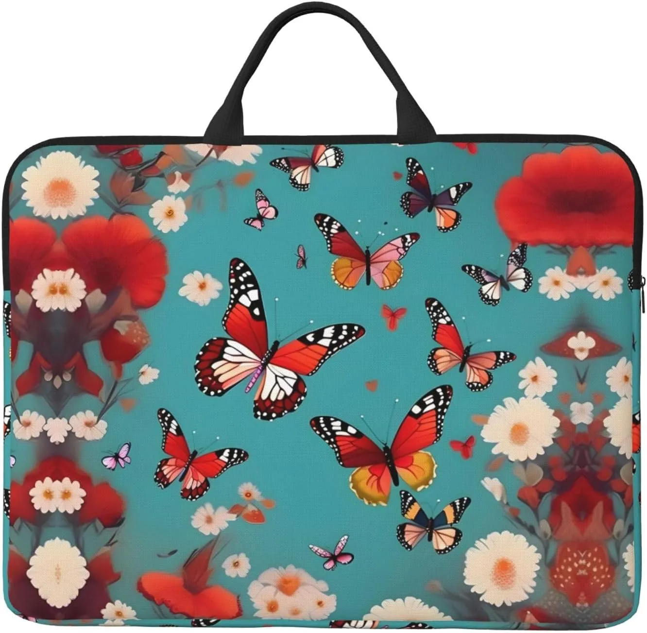 Hen Flying Butterflies Among Flowers 14in Laptop Case Sleeve Bag  Versatile Shoulder Messenger Briefcase, Designed for Business Travel