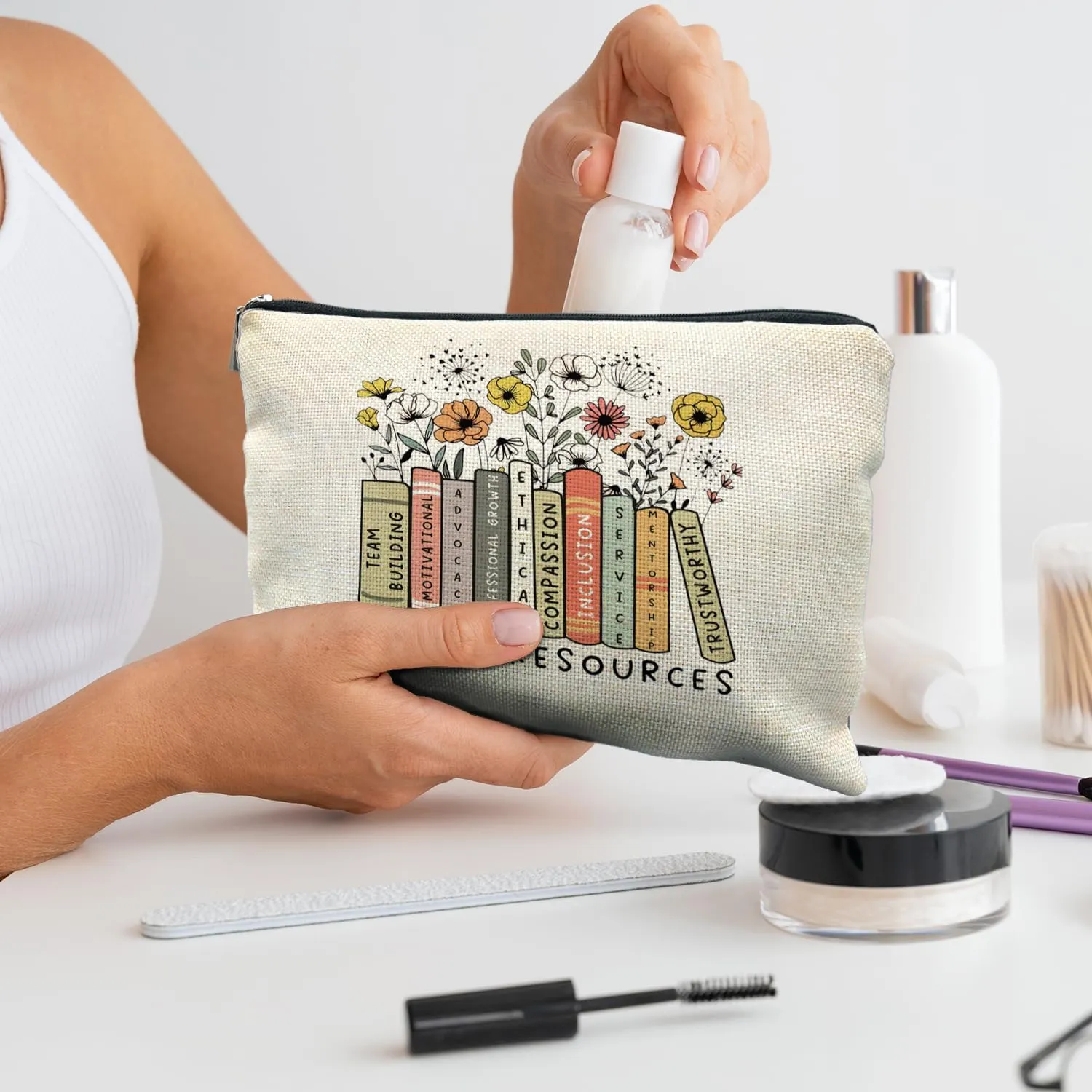Human Resources Gifts, HR Boho Floral Makeup Bag Pouch Cosmetic Bag Toiletry Bag for Women
