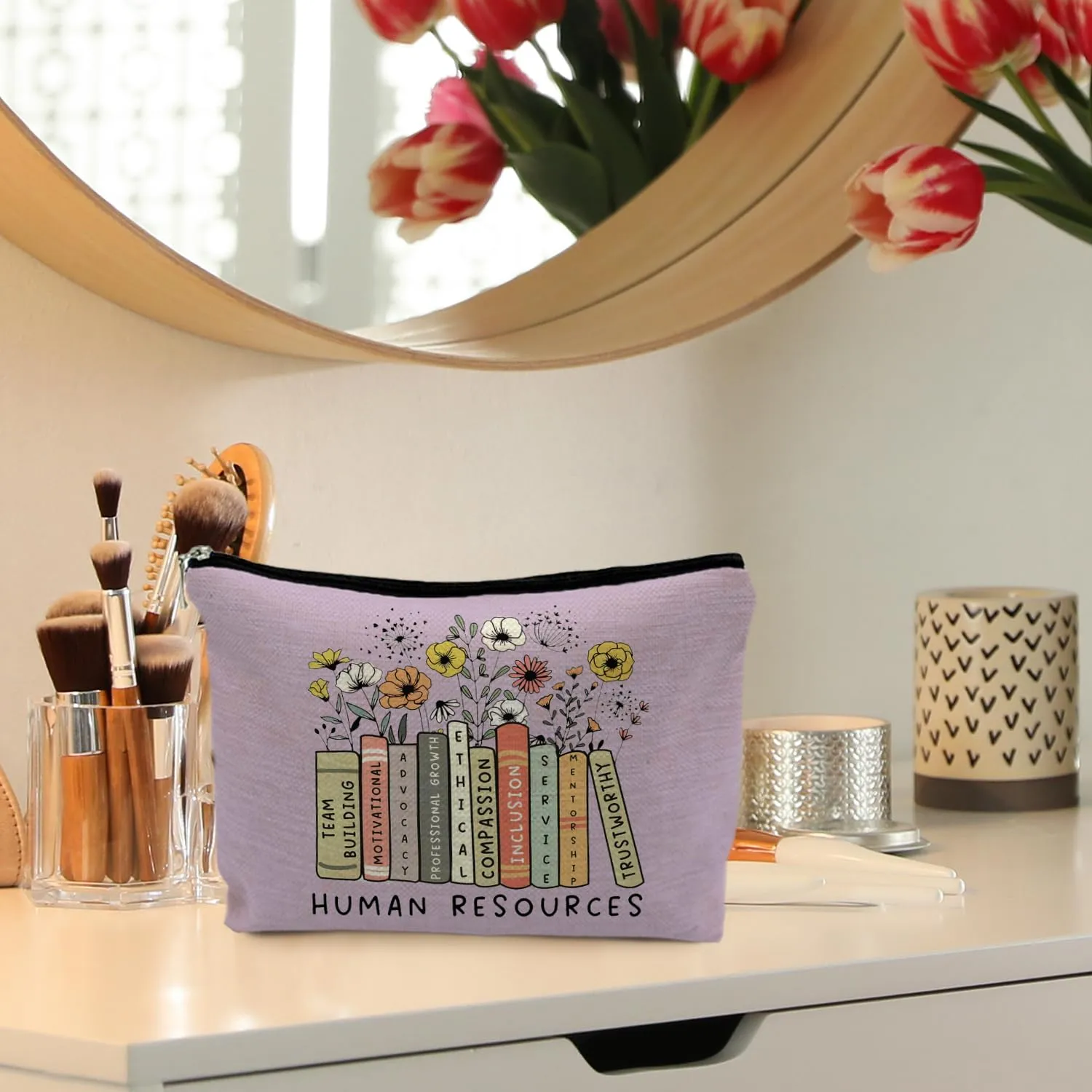 Human Resources Gifts - Makeup Bag Pouch, Thank You Gifts for HR Manager Director, Boho Floral Cosmetic Bag Toiletry Bag for Women (Purple)