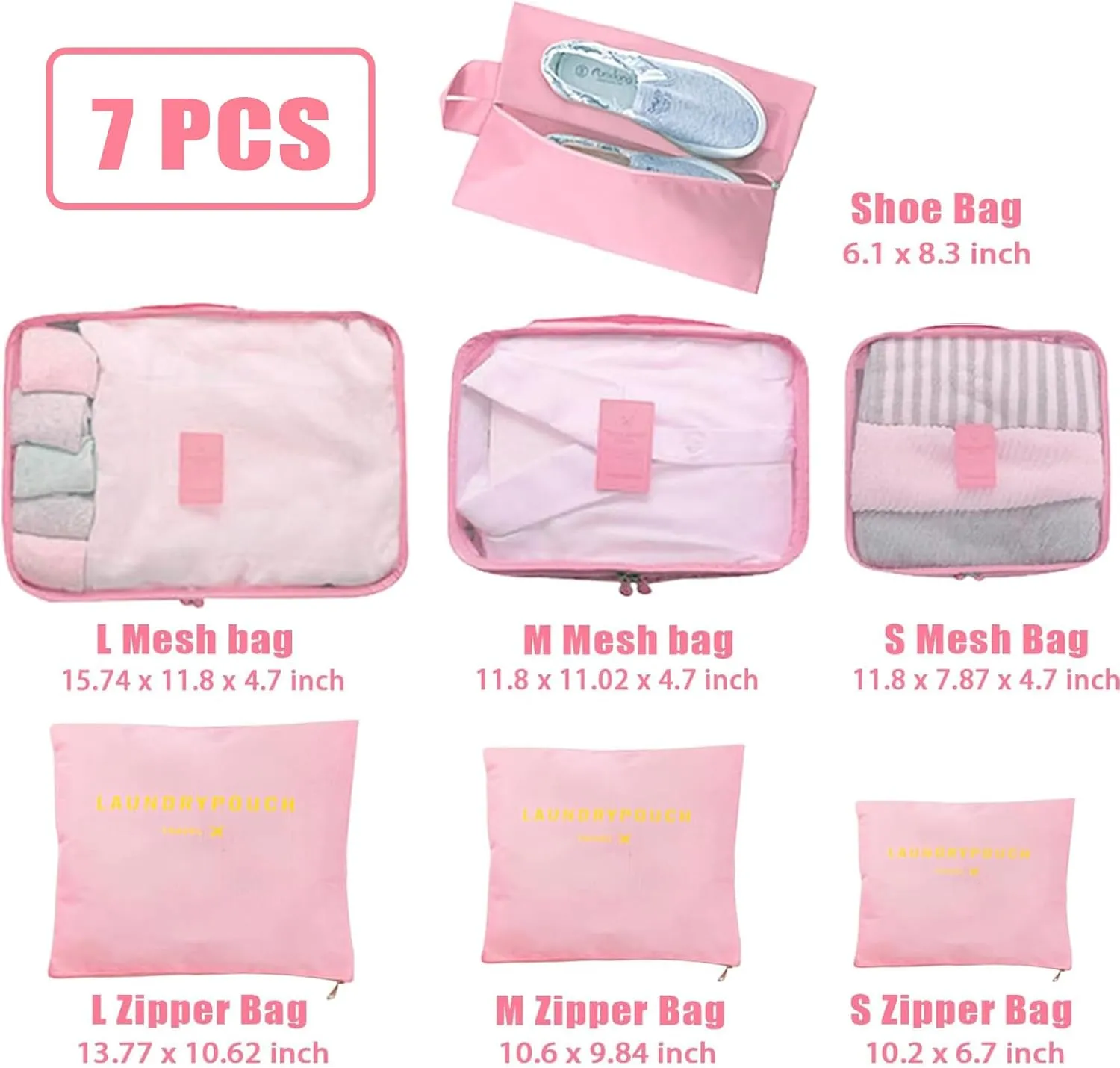 INVODA 7 piece Multi-size Packing Cubes for Travel Suitcase Organizer Bags Lightweight Travel Bags (Pink)