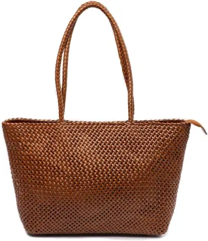 Large Leather Tote Bag for Women - Premium Quality Woven Leather Handbag with Superior Zipper Closure & 2 Pockets