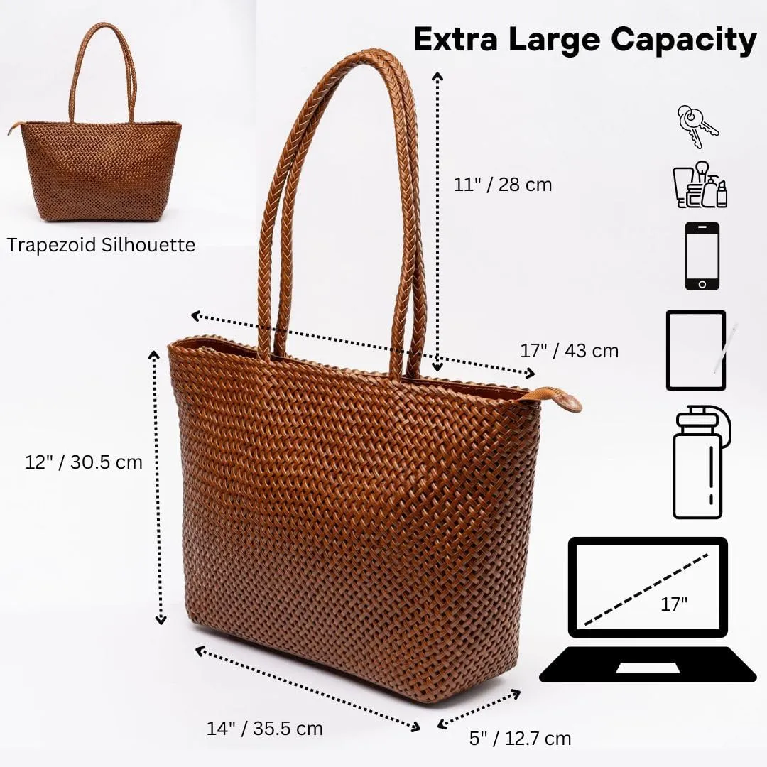 Large Leather Tote Bag for Women - Premium Quality Woven Leather Handbag with Superior Zipper Closure & 2 Pockets