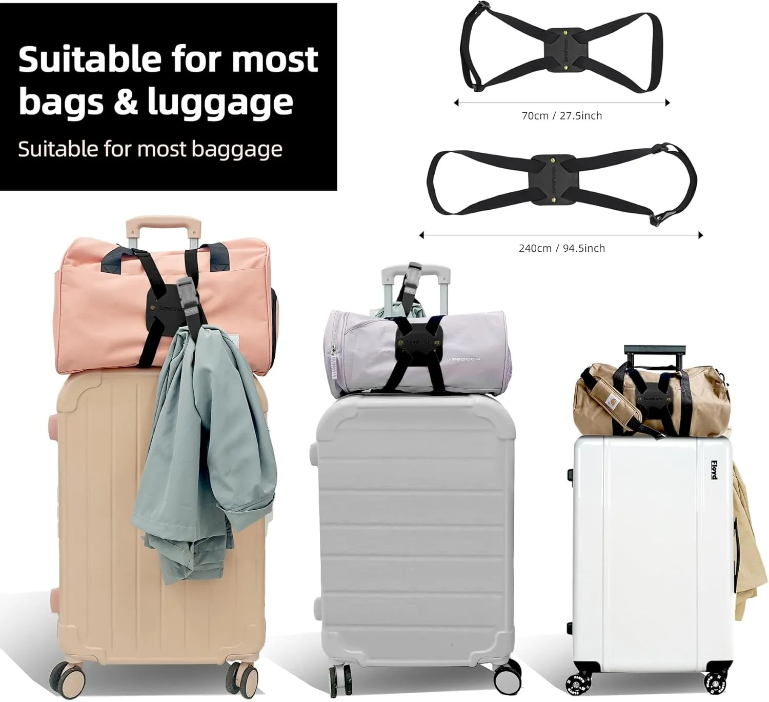 Luggage Straps Bag Bungees, Adjustable TSA-Approved  High Elastic Suitcase Belt for Securing Carry-On (2 Pack Black)
