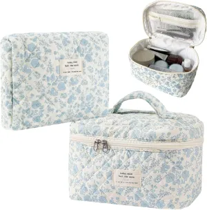 Makeup Bag Travel Make Up Bag Toiletry Bag for women Cosmetic Bag Quilted Cotton with Floral Bow Pattern Cute Large Organizer (Blue Flower)