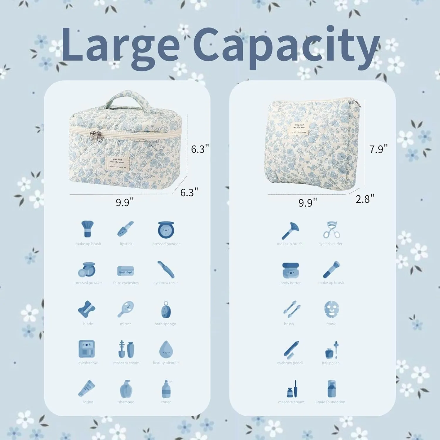 Makeup Bag Travel Make Up Bag Toiletry Bag for women Cosmetic Bag Quilted Cotton with Floral Bow Pattern Cute Large Organizer (Blue Flower)