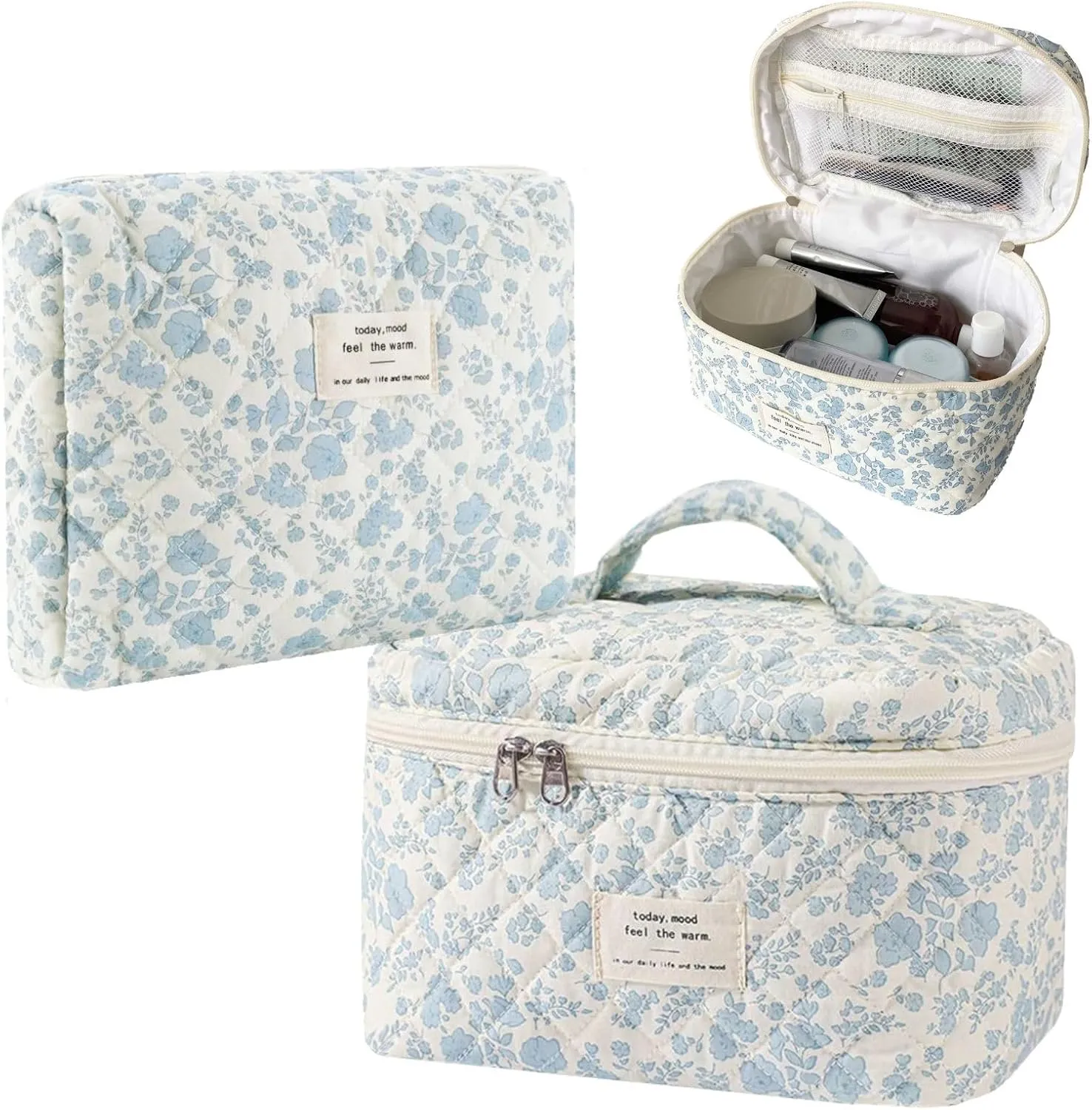 Makeup Bag Travel Make Up Bag Toiletry Bag for women Cosmetic Bag Quilted Cotton with Floral Bow Pattern Cute Large Organizer (Blue Flower)