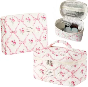Makeup Bag Travel Make Up Bag Toiletry Bag for women Cosmetic Bag Quilted Cotton with Floral Bow Pattern Cute Large Organizer (Pink Flower)