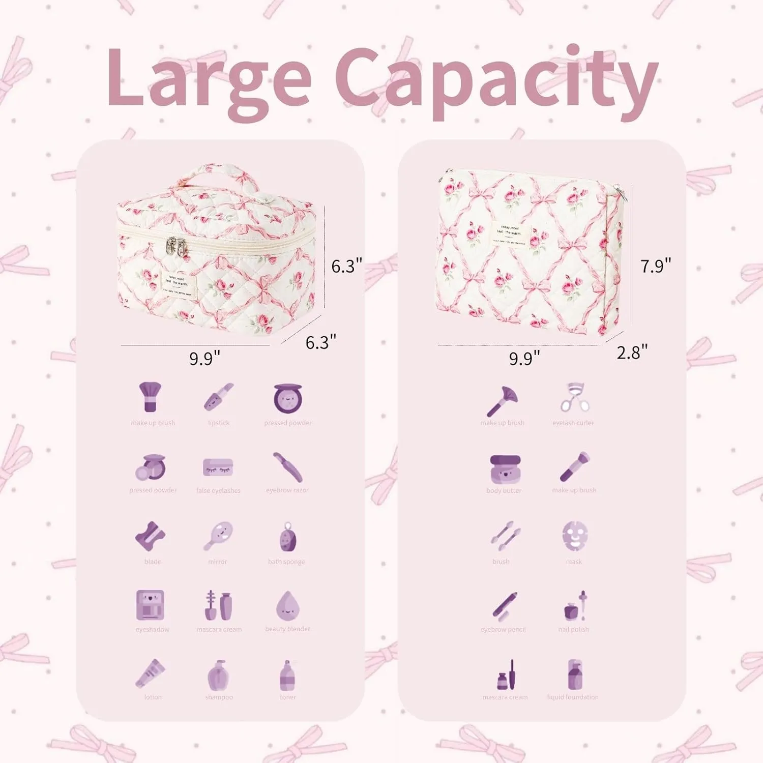 Makeup Bag Travel Make Up Bag Toiletry Bag for women Cosmetic Bag Quilted Cotton with Floral Bow Pattern Cute Large Organizer (Pink Flower)