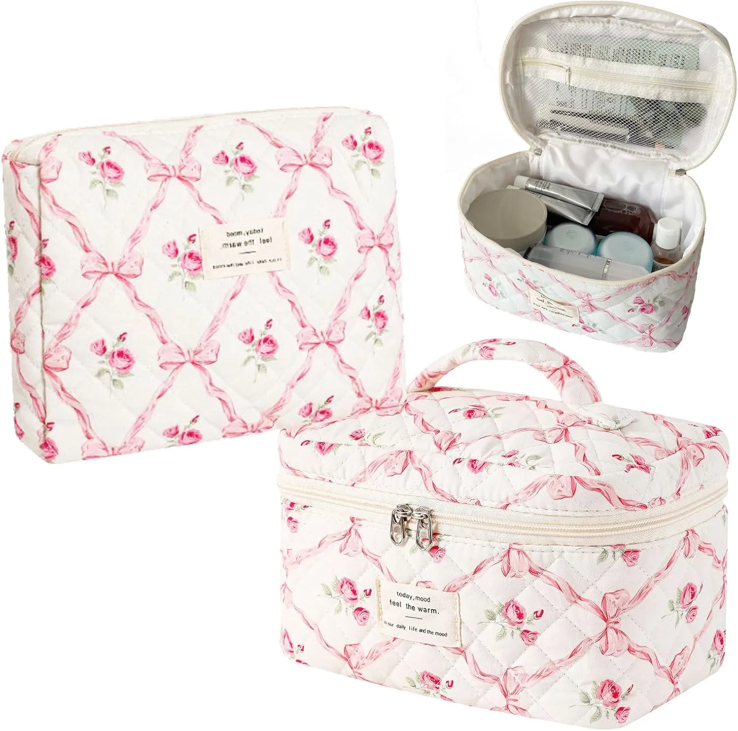 Makeup Bag Travel Make Up Bag Toiletry Bag for women Cosmetic Bag Quilted Cotton with Floral Bow Pattern Cute Large Organizer (Pink Flower)