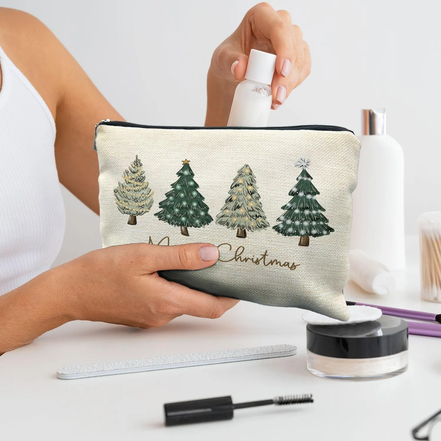 Merry Christmas Tree Cosmetic Bag - Green Makeup Pouch for Women, Zipper Pouch for Gifts