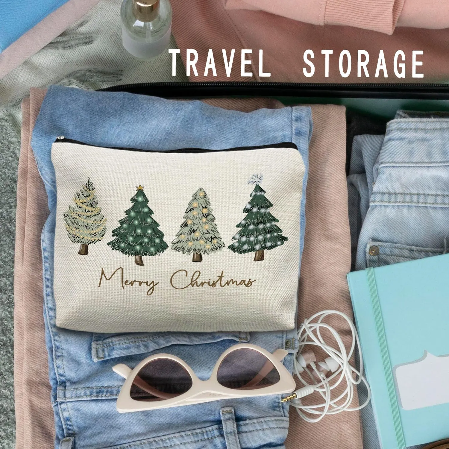 Merry Christmas Tree Cosmetic Bag - Green Makeup Pouch for Women, Zipper Pouch for Gifts
