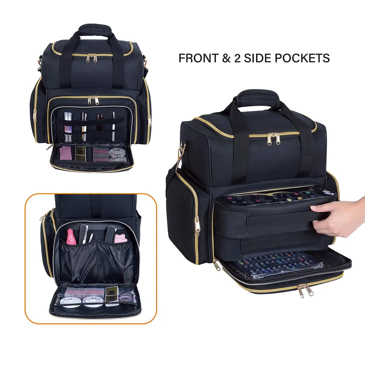 Nail Polish Organizer Case Holds 80 Bottles(15ml/0.5fl.oz) Portable Travel Storage Box with 2 Detachable Bags, Designed for Women's Nail Tools, Essential Oils and Cosmetics Sets(Black)
