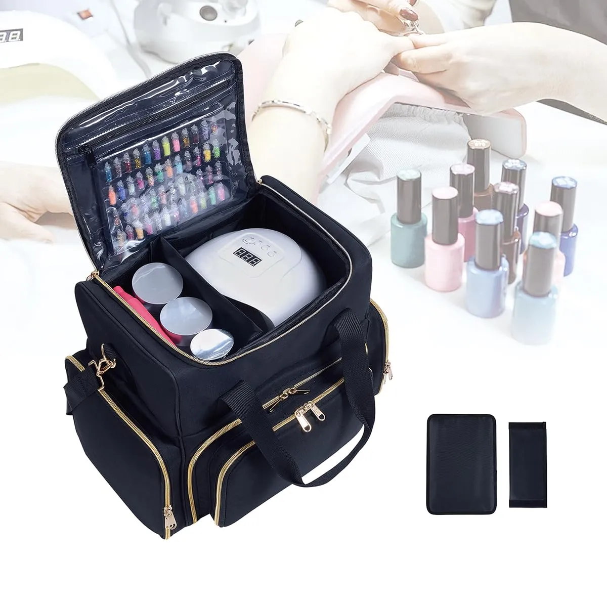Nail Polish Organizer Case Holds 80 Bottles(15ml/0.5fl.oz) Portable Travel Storage Box with 2 Detachable Bags, Designed for Women's Nail Tools, Essential Oils and Cosmetics Sets(Black)