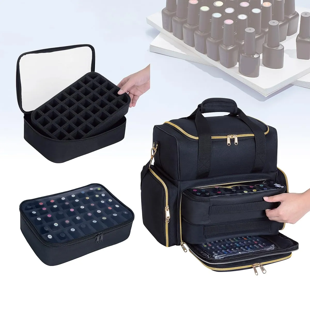 Nail Polish Organizer Case Holds 80 Bottles(15ml/0.5fl.oz) Portable Travel Storage Box with 2 Detachable Bags, Designed for Women's Nail Tools, Essential Oils and Cosmetics Sets(Black)