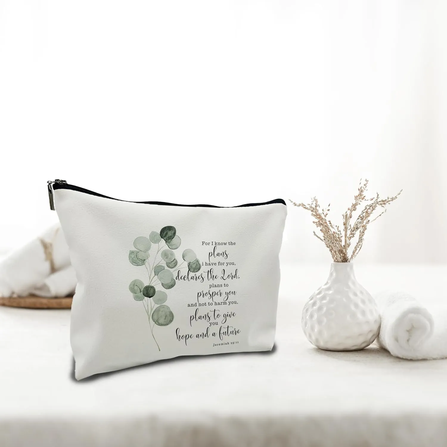 Nogrit Bible Scripture Jeremiah 29:11 Gifts Watercolor Eucalyptus Leaf Makeup Cosmetic Bag,Christian Religious Linen Makeup Travel Toiletry Bag,pu