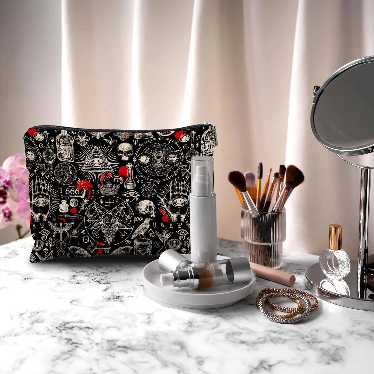 Nogrit Gothic Black Makeup Bag - Retro Black Small Cosmetic Makeup Bag for Purse, Gothic Gifts for Women