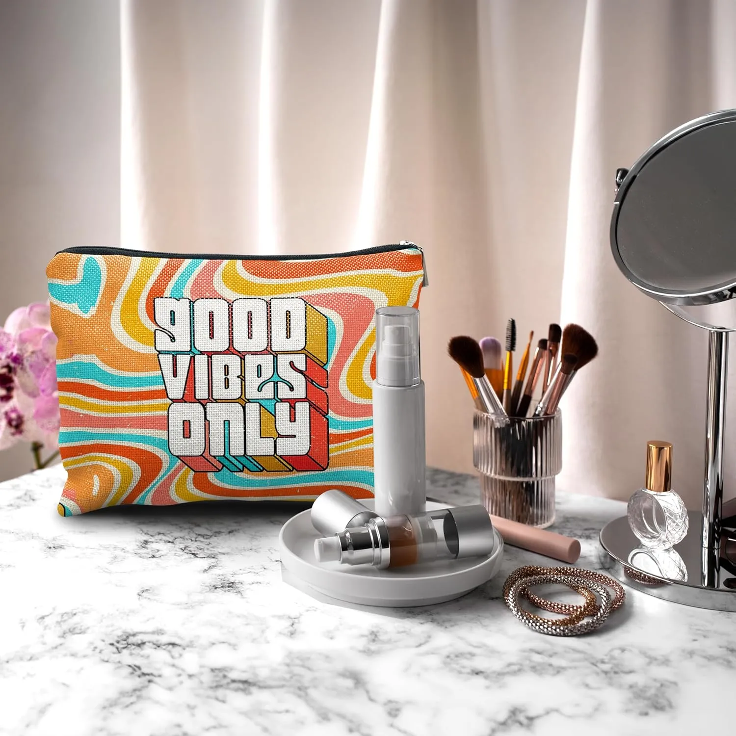 Nogrit Positive Quotes Makeup Cosmetic Bag,Good Vibes Only Retro Groovy Wavy Makeup Travel Toiletry Bag,Inspirational Gifts for Women Girls