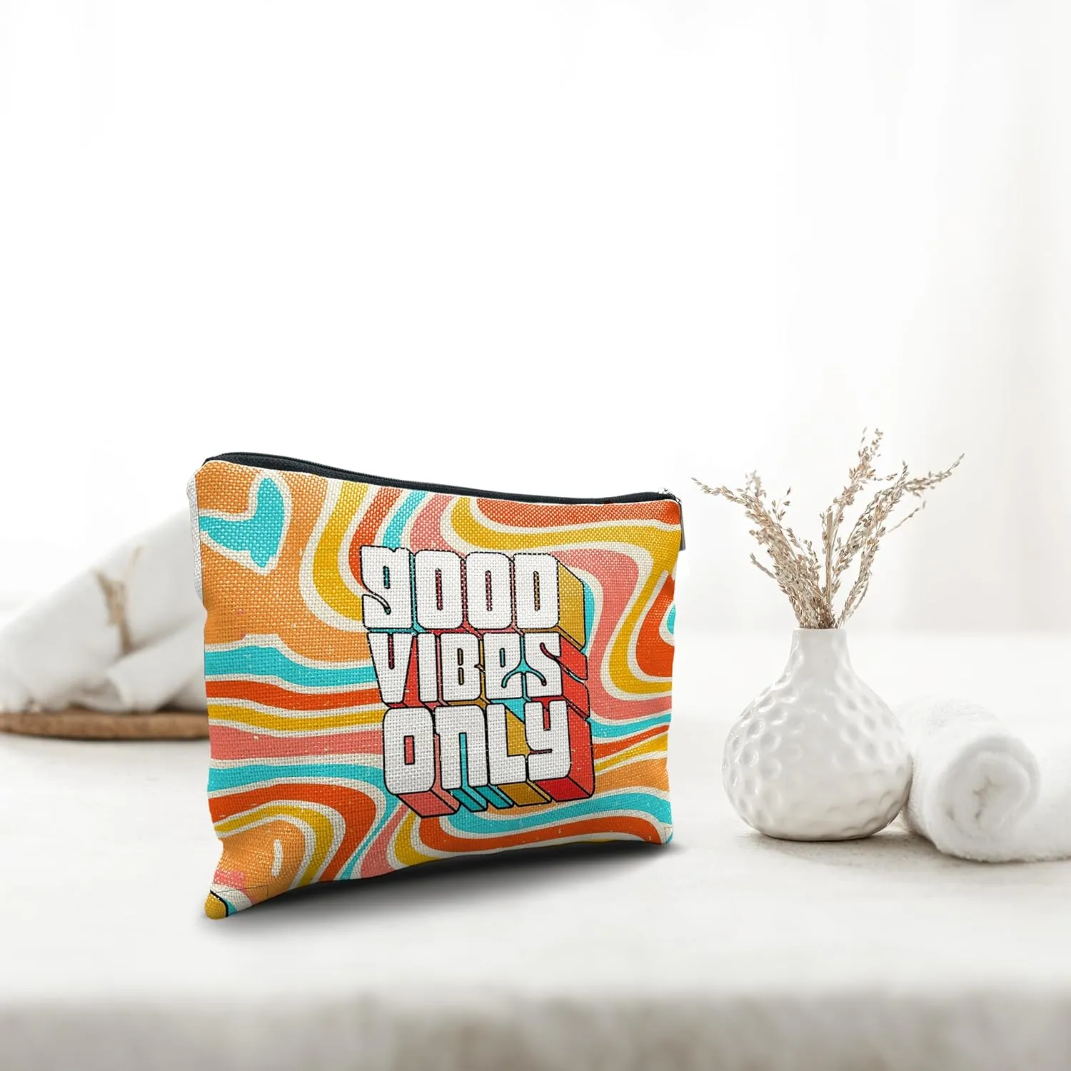 Nogrit Positive Quotes Makeup Cosmetic Bag,Good Vibes Only Retro Groovy Wavy Makeup Travel Toiletry Bag,Inspirational Gifts for Women Girls