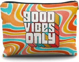 Nogrit Positive Quotes Makeup Cosmetic Bag,Good Vibes Only Retro Groovy Wavy Makeup Travel Toiletry Bag,Inspirational Gifts for Women Girls