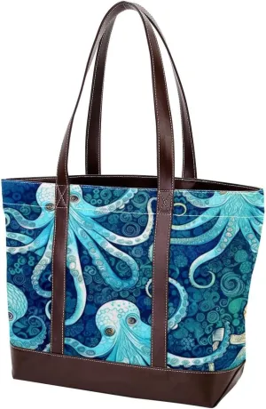 Ocean Octopus-1672 Tote Bags Durable Leather Canvas Purses and Handbags for Women Top Handle Shoulder Satchel Hobo Bags