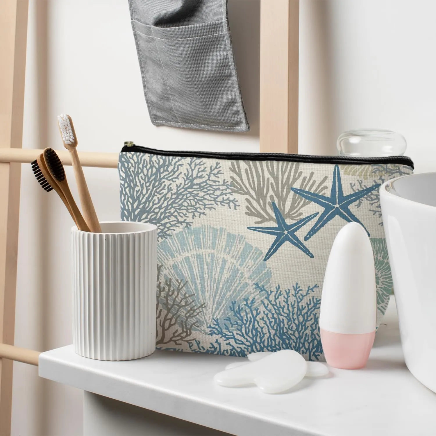 Ocean Starfish Coral Seashell Beach Makeup Bag, Marine Life Sea Animals Cosmetic Bags for Women, Beach Vacation Gifts, Ocean Themed Gifts