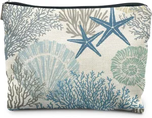 Ocean Starfish Coral Seashell Beach Makeup Bag, Marine Life Sea Animals Cosmetic Bags for Women, Beach Vacation Gifts, Ocean Themed Gifts