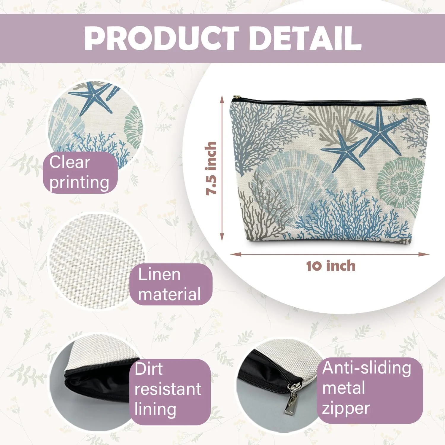 Ocean Starfish Coral Seashell Beach Makeup Bag, Marine Life Sea Animals Cosmetic Bags for Women, Beach Vacation Gifts, Ocean Themed Gifts