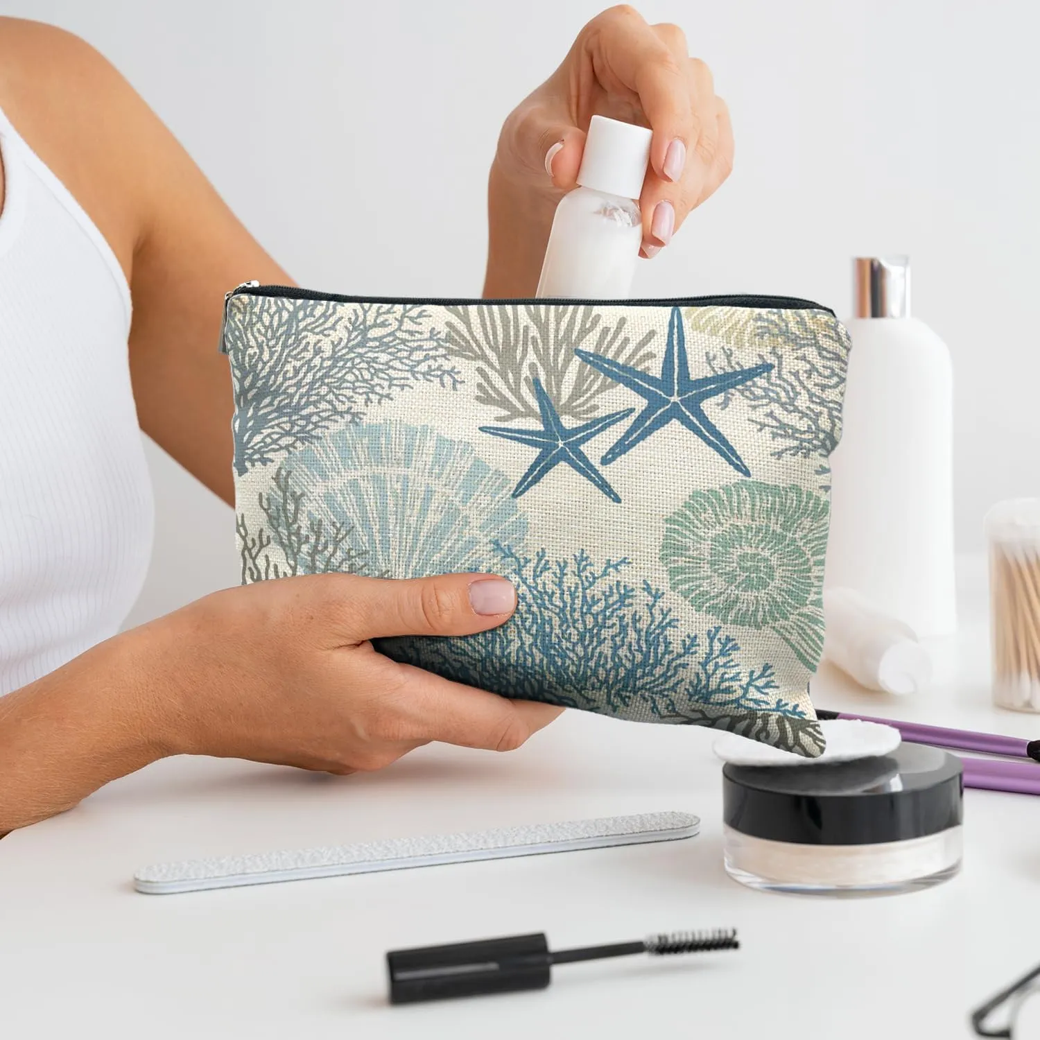 Ocean Starfish Coral Seashell Beach Makeup Bag, Marine Life Sea Animals Cosmetic Bags for Women, Beach Vacation Gifts, Ocean Themed Gifts