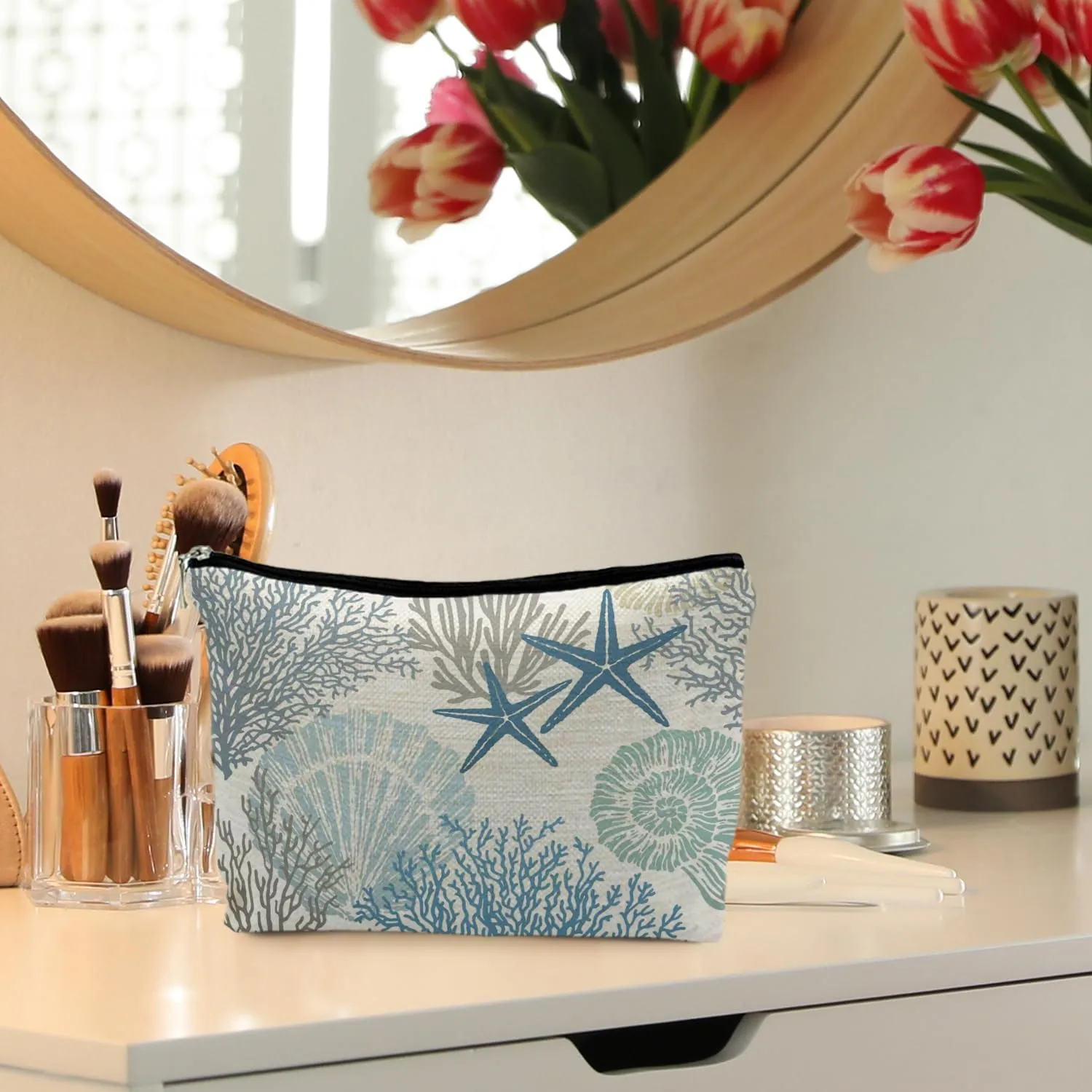 Ocean Starfish Coral Seashell Beach Makeup Bag, Marine Life Sea Animals Cosmetic Bags for Women, Beach Vacation Gifts, Ocean Themed Gifts