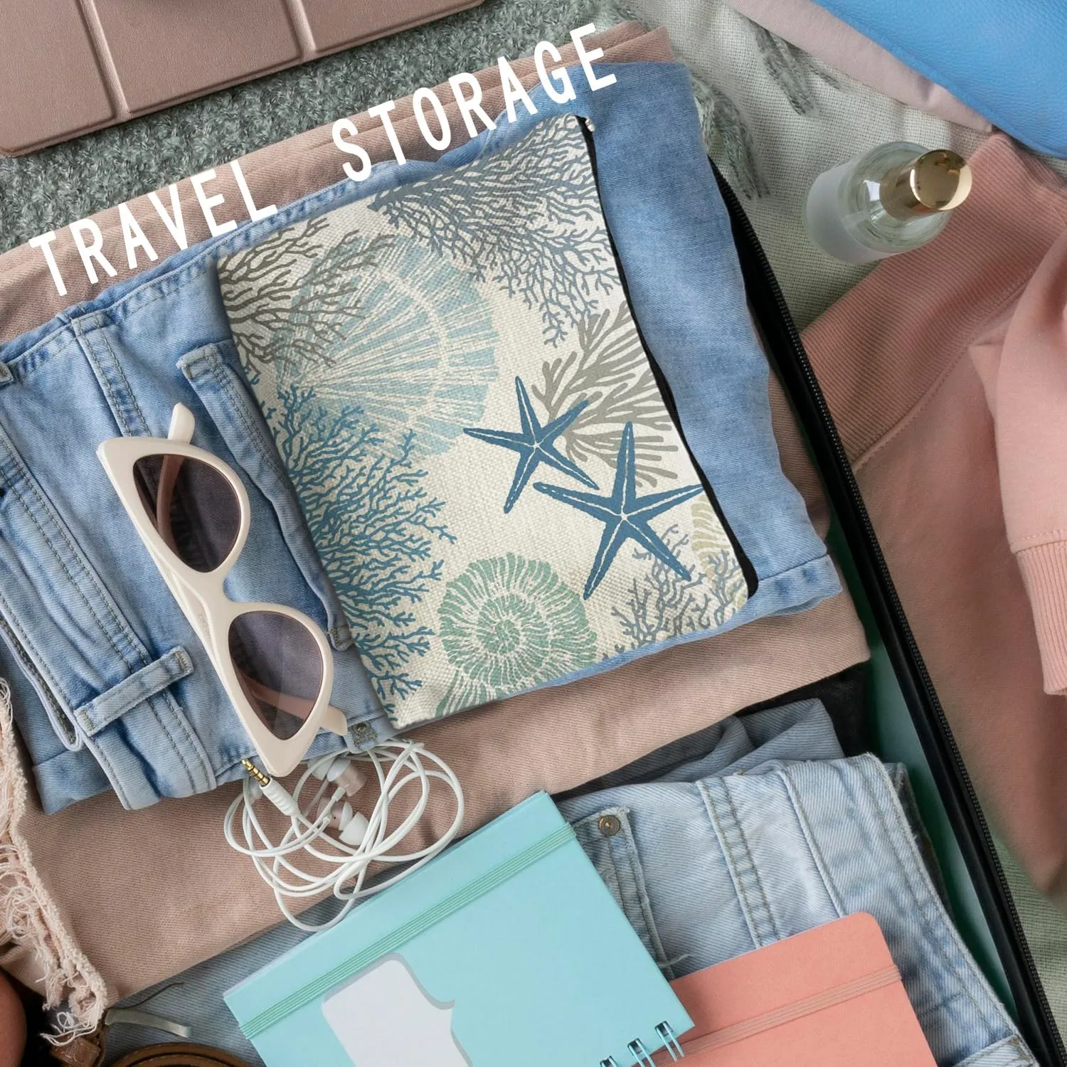 Ocean Starfish Coral Seashell Beach Makeup Bag, Marine Life Sea Animals Cosmetic Bags for Women, Beach Vacation Gifts, Ocean Themed Gifts
